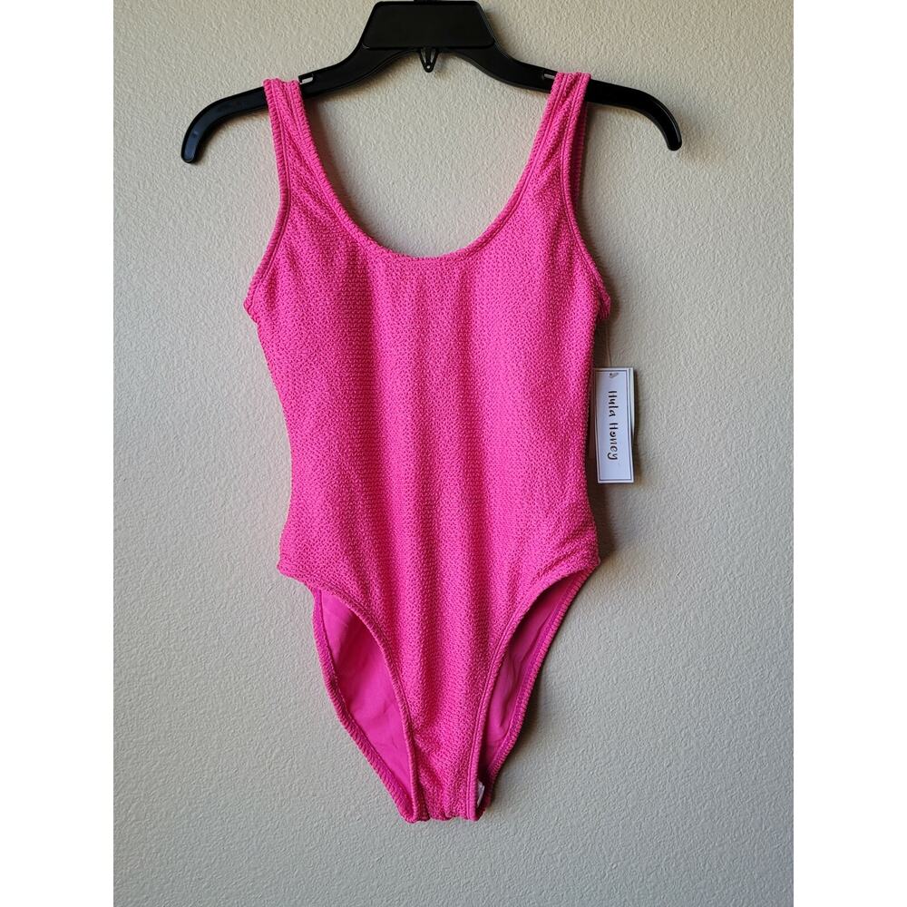 Hula Honey Juniors Pucker Up One Piece Swimsuit Small Pink Textured High Leg NWT - Picture 3 of 7